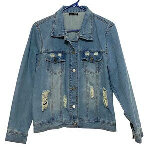 Fashion Nova Womens‎ Jean Jacket L Ripped Distressed Boho Festival Grunge Denim